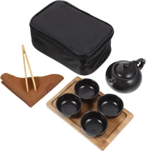 1 Set Portable Kung Fu Tea Set with Ceramic Teapot Teacups Wooden Tray Travel Bag for Loose Leaf Blooming Tea Elegant present