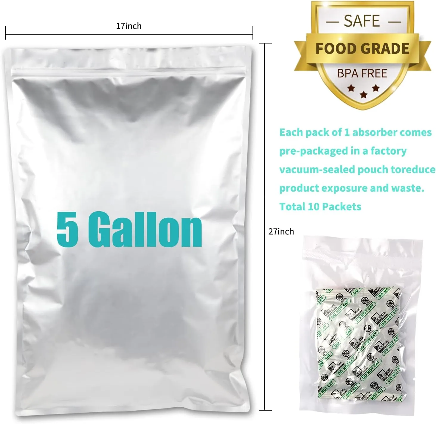 10PCS 5 Gallon Mylar Bags with 2500CC Oxygen Absorbers and Labels, Zipper Resealable Pouches Heat Sealable Bags for Long Term Food Storage