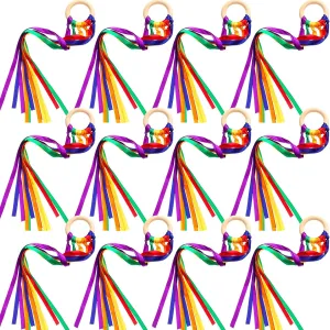 12 Pcs Rainbow Ribbon Wooden Waldorf Toys Creative Waldorf Hand Kite Set Streamers with Wood Ring Sensory Learning Educational Toy for Playroom Dancing Birthday (Vibrant Color)