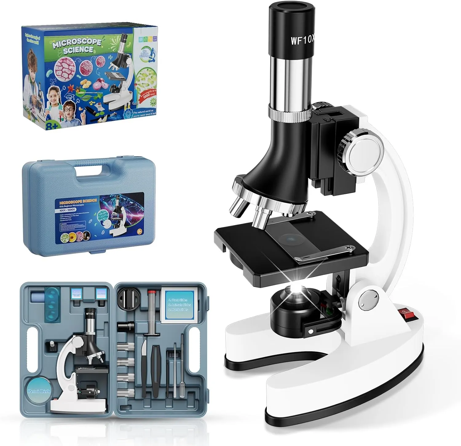 1200X Kids Microscope Science Kit - Handheld Microscope for Kids with Prepared Slides Metal Body LED Light Carrying Box Educational Compound Toy Set for Children Ages 8-12 5 Year Old Boys & Girls Gift