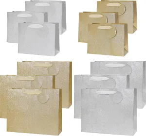 12PCS Assorted Metallic Gold Silver Glitter Gift Bags Bulk with Tag, Size L 12.5'' M 9'', for Christmas Wedding Bridal Shower Favor Bag Gift Packaging, Holiday Birthday Party Graduation