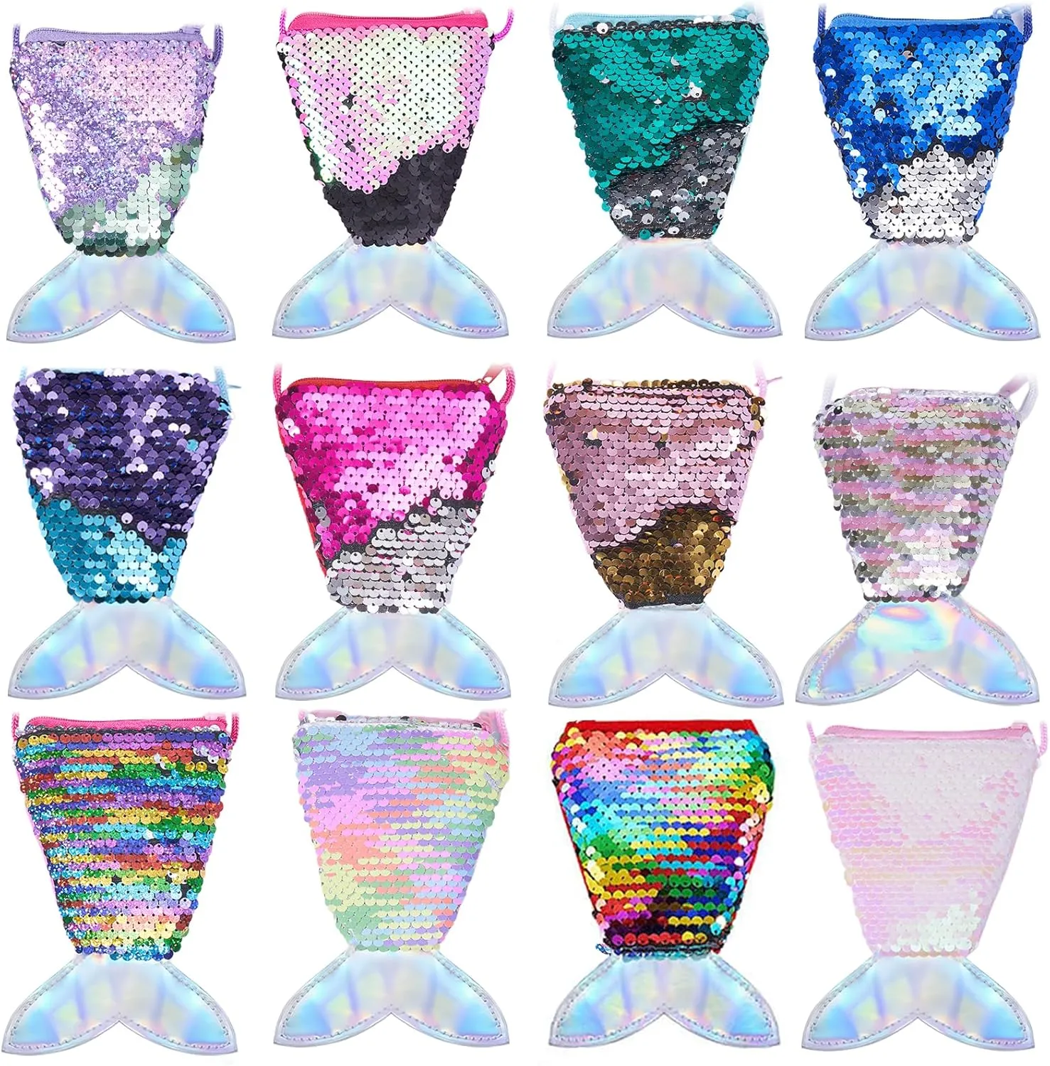 12Pcs Mermaid Tail Coin Purse for Girls Reversible Sequin Mini Wallets Pouches Colorful Sequins Bag for Party Favor Christmas Holiday Gift