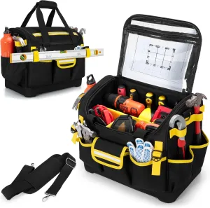 15-Inch Tool Organizer Bag with Hard Base, Heavy Duty Tool Box for Men, Tactical Electrical Work Bag for Electrician, Craftsman, Black