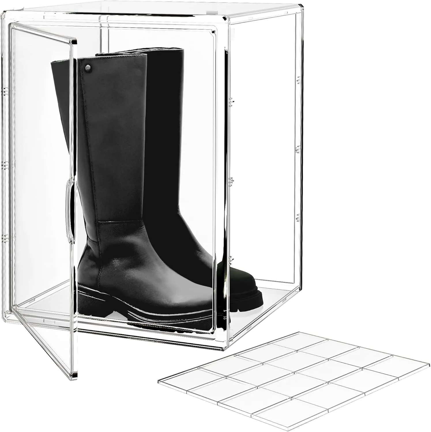 15.75''x11.81''x9.84'' XX-Large Clear Shoe Storage Boxes with Divider, Stackable Plastic Boot Boxes with Magnetic Door, Acrylic display case Box with Lids for Sneaker Purses Handbags Books (1)