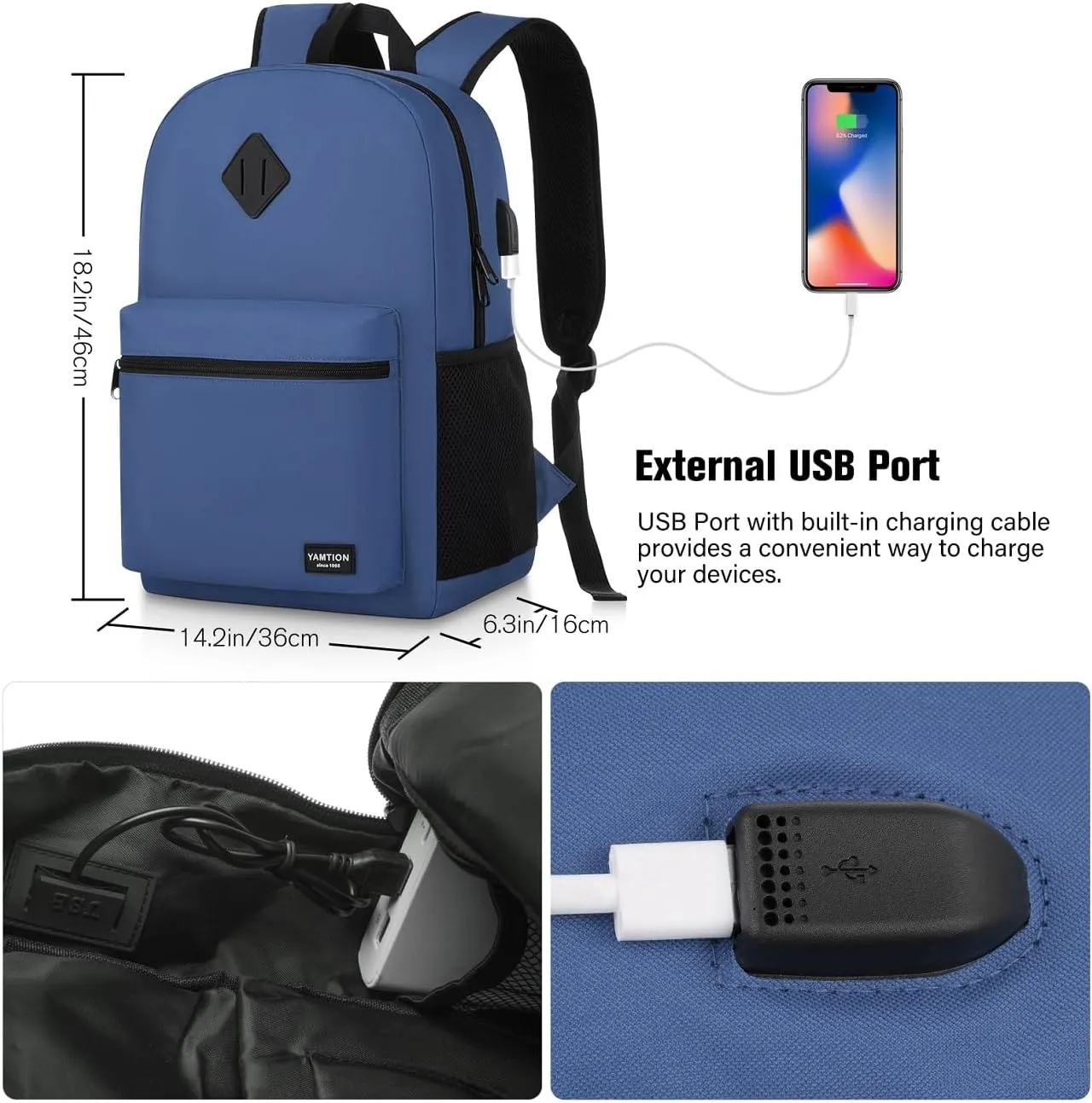17.3 inch School Backpack,Classic Bookbag Backpack with USB Port for High School College Students Travel