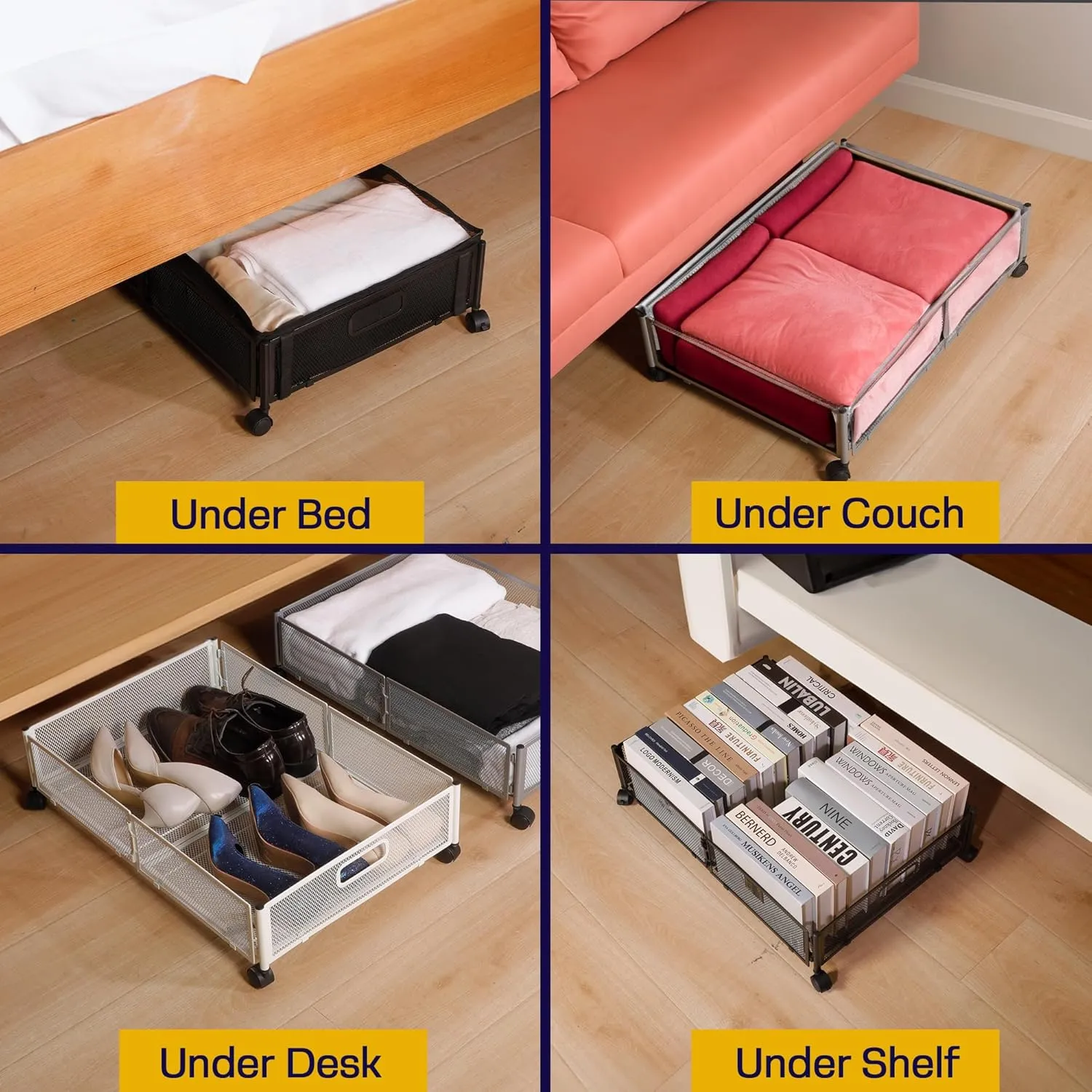 1PC Large UnderBed Storage with Wheels - Sturdy Black Under Bed Storage with Wheels - Under the Bed Shoe Storage with Wheels of High-grade Steel – Can bare upto 25Kgs