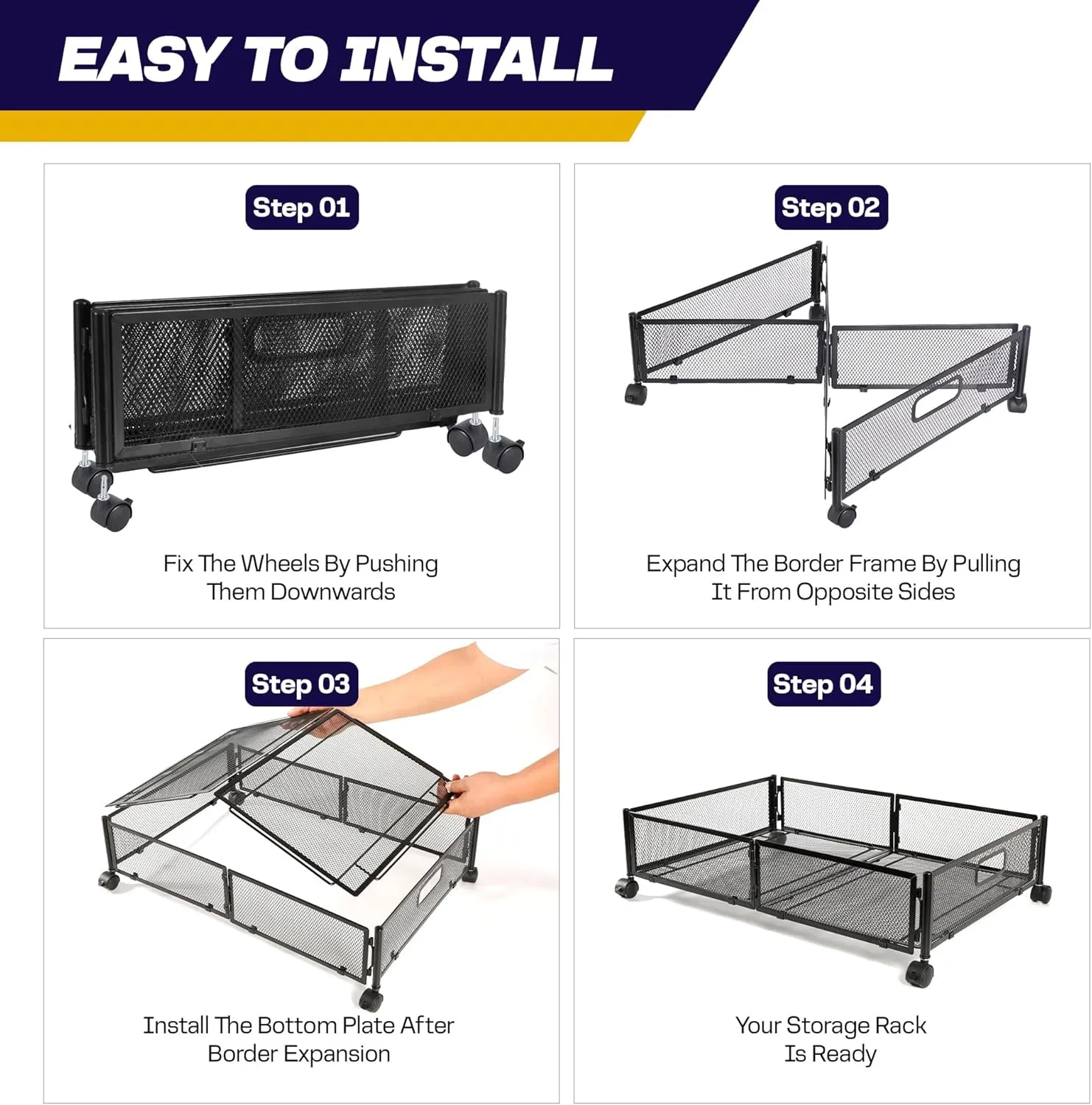 1PC Large UnderBed Storage with Wheels - Sturdy Black Under Bed Storage with Wheels - Under the Bed Shoe Storage with Wheels of High-grade Steel – Can bare upto 25Kgs