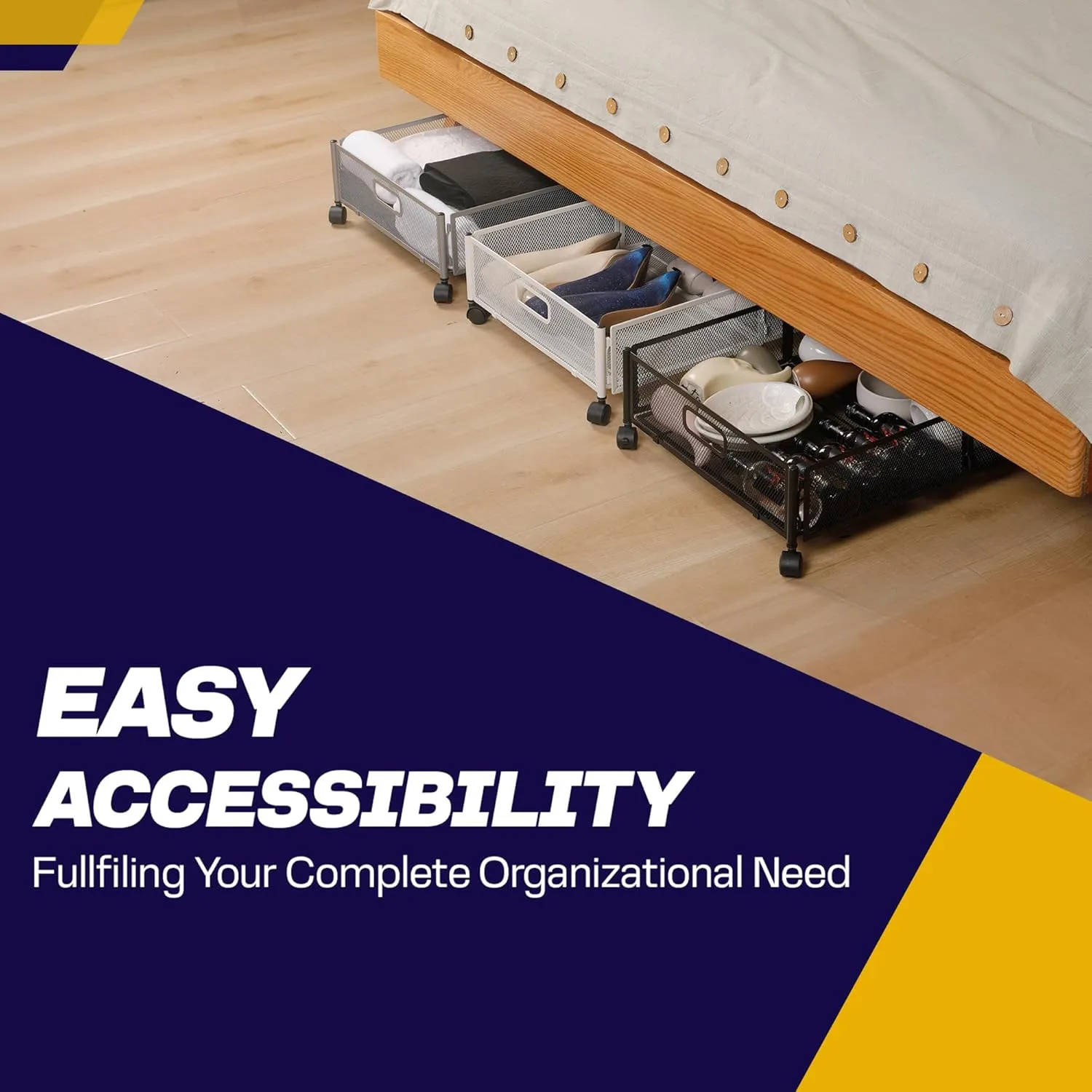 1PC Large UnderBed Storage with Wheels - Sturdy Black Under Bed Storage with Wheels - Under the Bed Shoe Storage with Wheels of High-grade Steel – Can bare upto 25Kgs