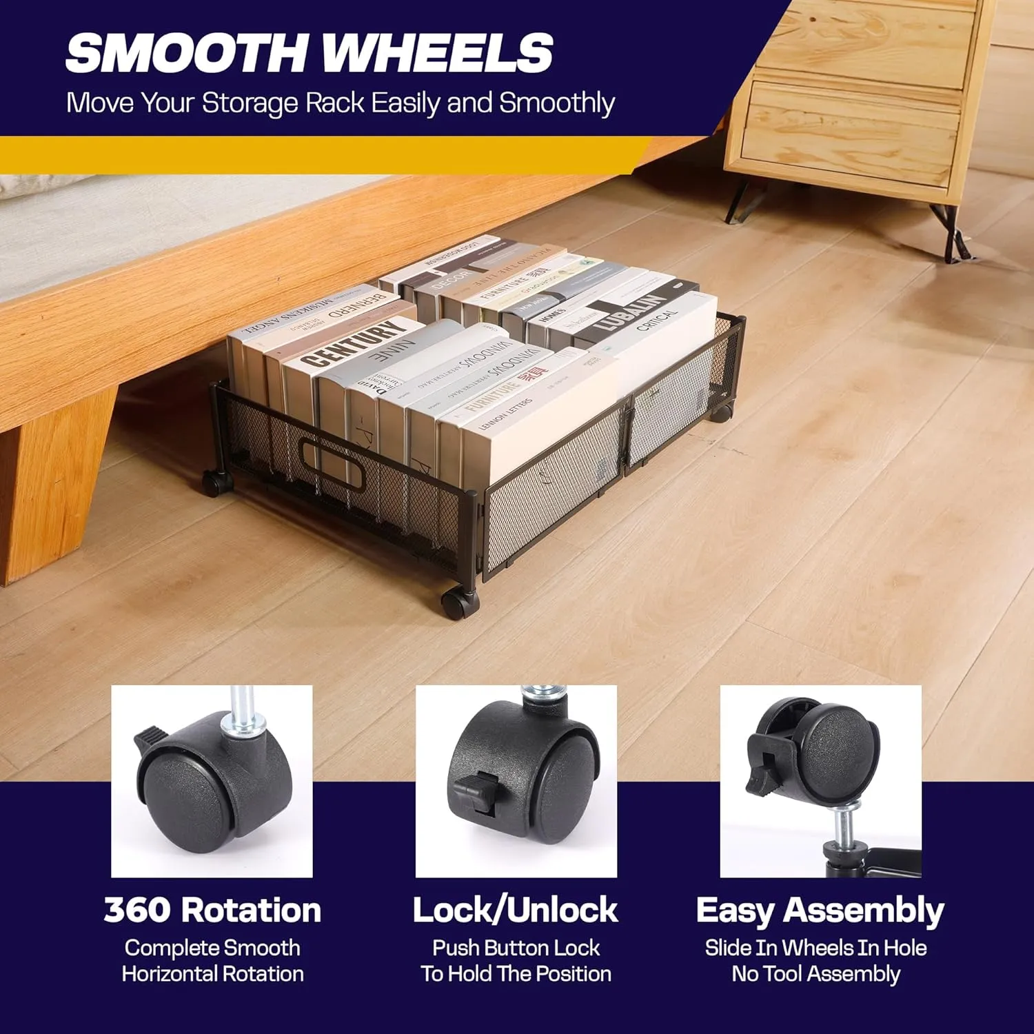 1PC Large UnderBed Storage with Wheels - Sturdy Black Under Bed Storage with Wheels - Under the Bed Shoe Storage with Wheels of High-grade Steel – Can bare upto 25Kgs