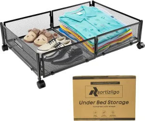 1PC Large UnderBed Storage with Wheels - Sturdy Black Under Bed Storage with Wheels - Under the Bed Shoe Storage with Wheels of High-grade Steel – Can bare upto 25Kgs