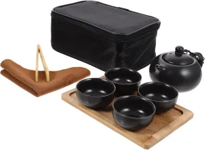 1Set Portable Ceramic Tea Set with Tray and Storage Bag Complete Kung Fu Tea Brewing Set for Outdoor Travel Camping and Picnics Includes Teapot Teacups Tea Clip and Cloth