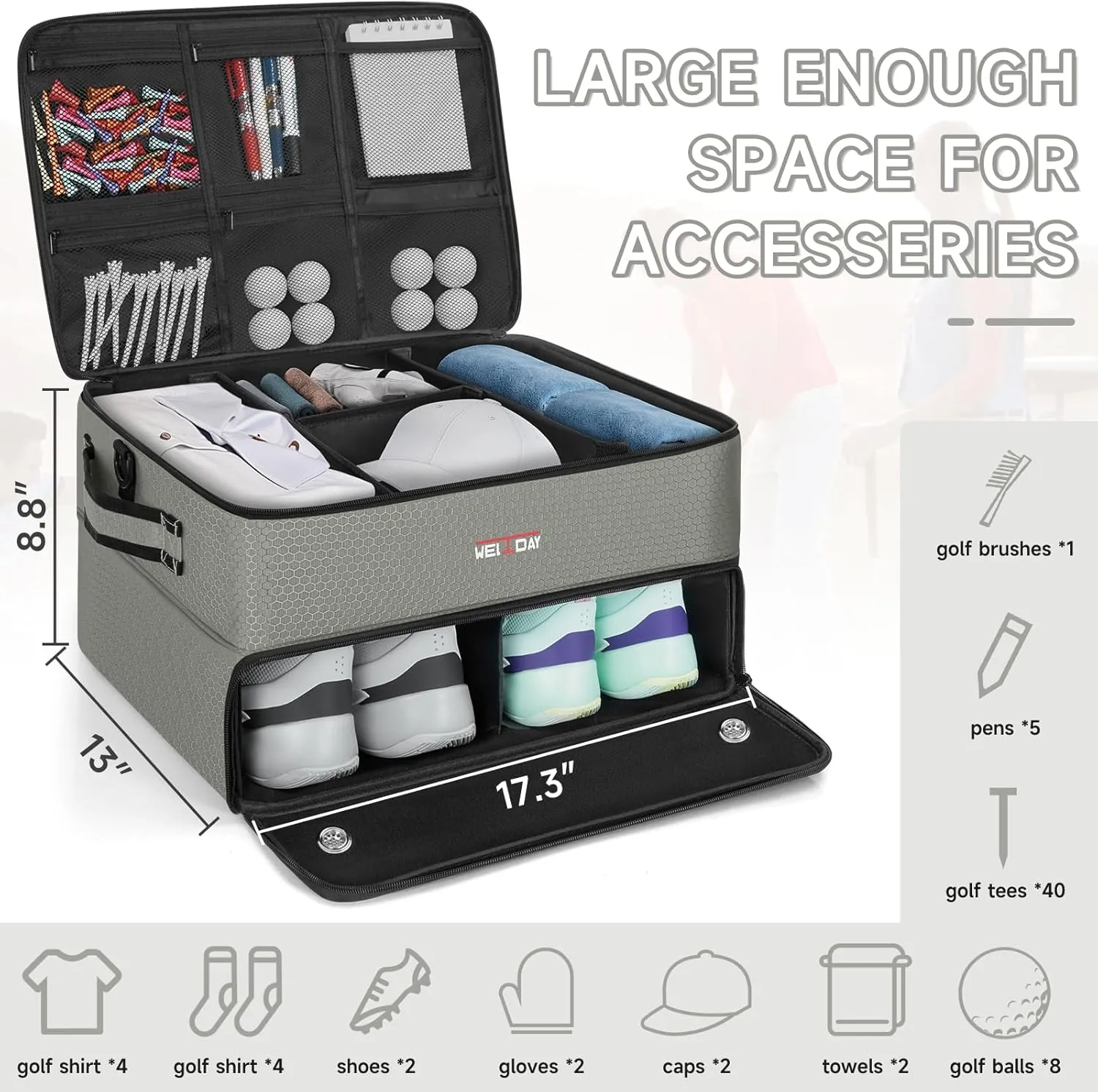 2 Layer Golf Trunk Organizer, Golf Trunk Locker with Separate Compartment for 2 Pair Shoes, Golf Trunk Storage for Balls, Tees, Clothes, Gloves, Accessories