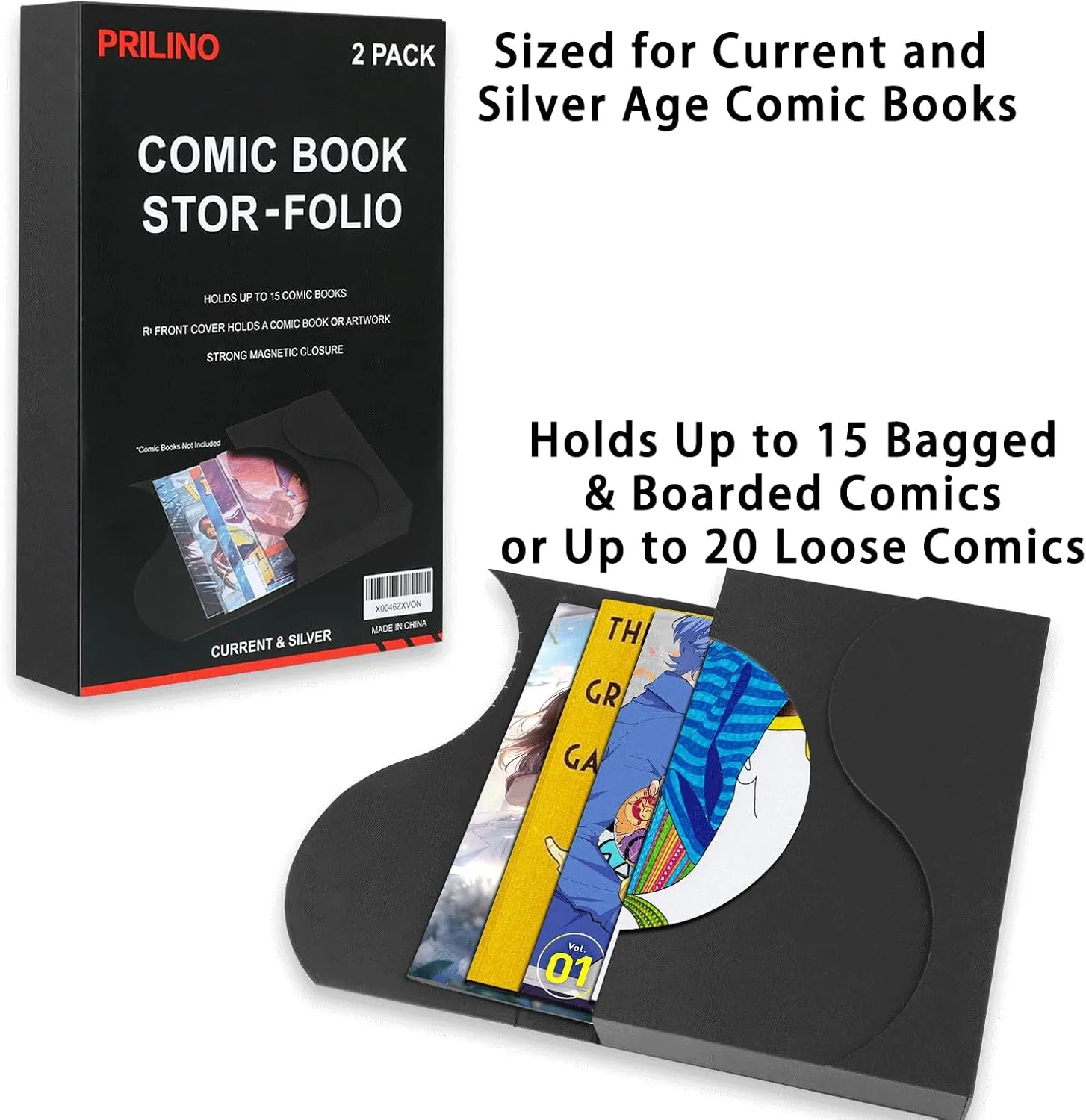 2-Pack Black Comic Book Stor-Folio - Storage Box for Current and Silver Age Comics, Portable Folio With Strong Magnetic Closure, Ideal for Conventions