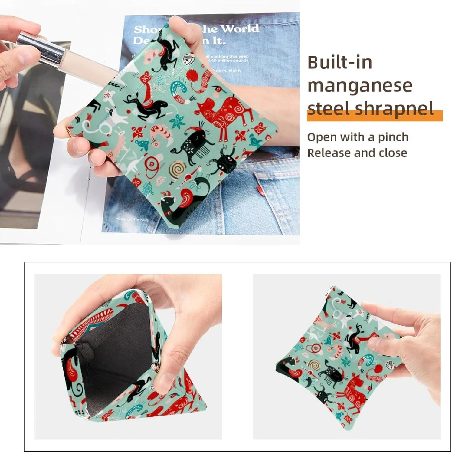 2 PCS Faux Leather Pocket Cosmetic Bag, Small Makeup Pouch for Purse, Portable Travel Makeup Bag for Women, Portable Squeeze Top Cosmetic Bag, Cow Pig Fox Sheep Cartoon Lovely Animal
