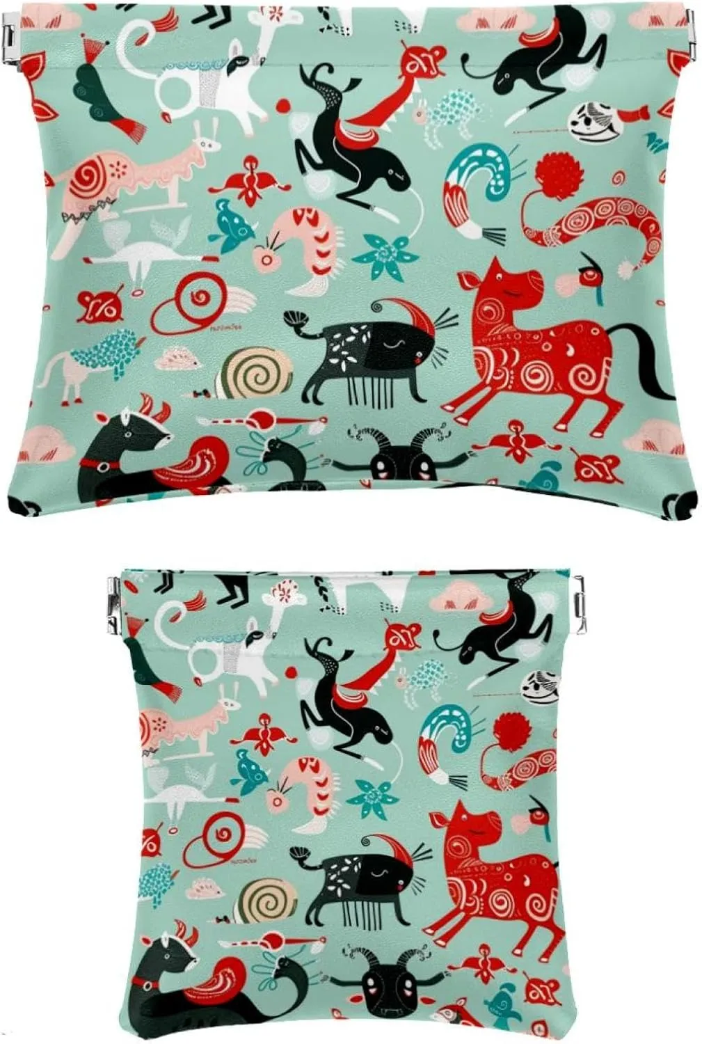 2 PCS Faux Leather Pocket Cosmetic Bag, Small Makeup Pouch for Purse, Portable Travel Makeup Bag for Women, Portable Squeeze Top Cosmetic Bag, Cow Pig Fox Sheep Cartoon Lovely Animal