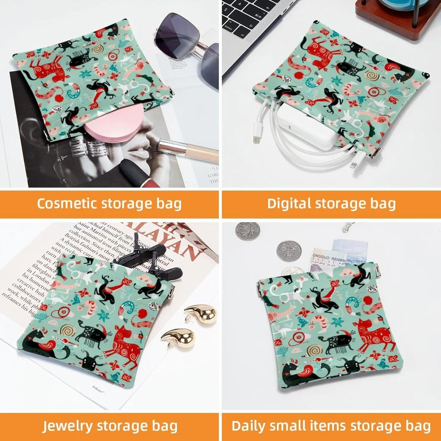 2 PCS Faux Leather Pocket Cosmetic Bag, Small Makeup Pouch for Purse, Portable Travel Makeup Bag for Women, Portable Squeeze Top Cosmetic Bag, Cow Pig Fox Sheep Cartoon Lovely Animal