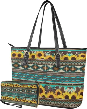 2 Piece Shoulder Bag for Women Travel, Matching Leather Wristlet Wallet, Tote Bag with Adjustable Hand Strap