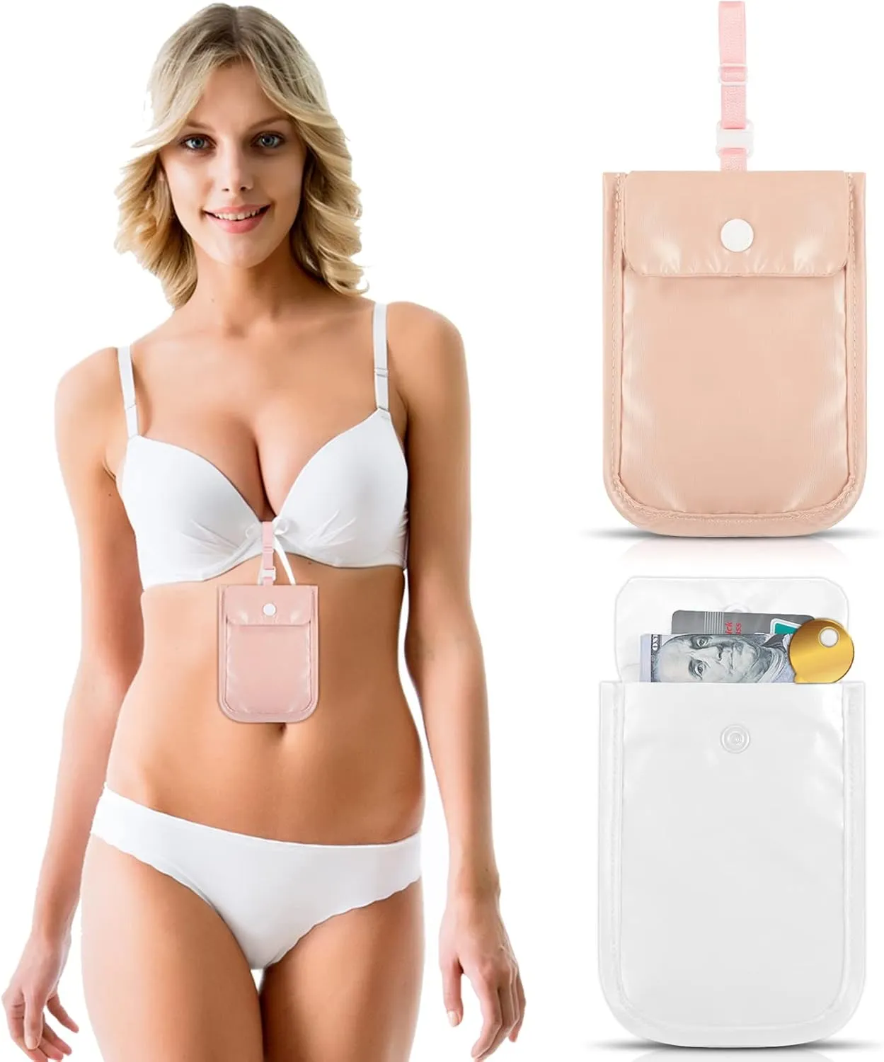 2 Pieces Travel Bra Wallet for Women Hidden Bra Wallet Pickpocket Proof Under Clothes Money Belt Pouch Secret for Passport Money Valuables(4 x 5.4 Inch,White, Pink)
