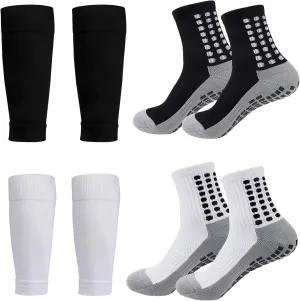 2 Set Grip Socks Soccer with Shin Guard Sleeves Youth Non Slip Athletic Socks with Guards Leg Sleeve for Basketball Football Sports for Men Women One Size 6-10