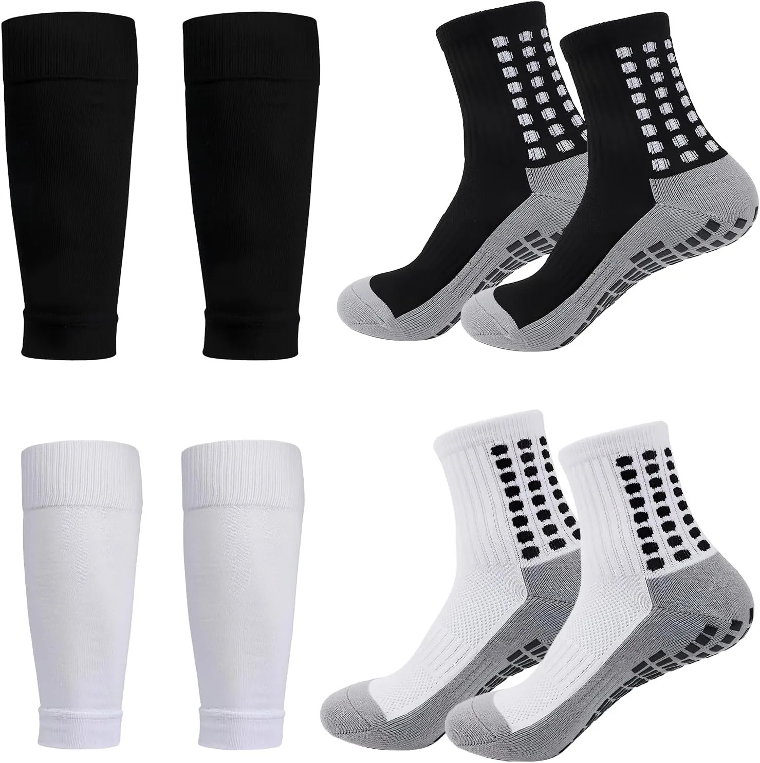 2 Set Grip Socks Soccer with Shin Guard Sleeves Youth Non Slip Athletic Socks with Guards Leg Sleeve for Basketball Football Sports for Men Women One Size 6-10
