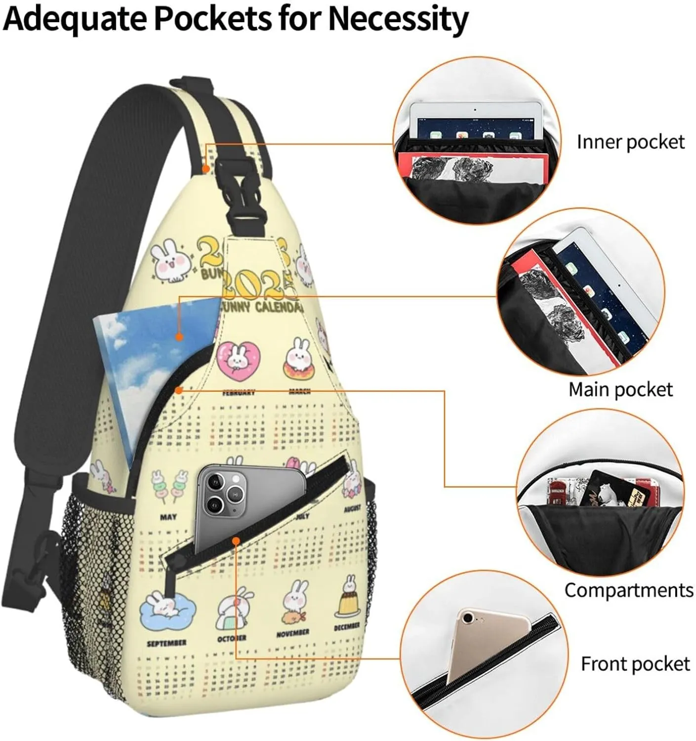 2025 Yearly Calendar Bunny Crossbody Bag Cross Chest Bag Adjustable Sling Backpack Sports Gym Shoulder Bags Travel Cycling Daypack Diagonally Casual Rucksack
