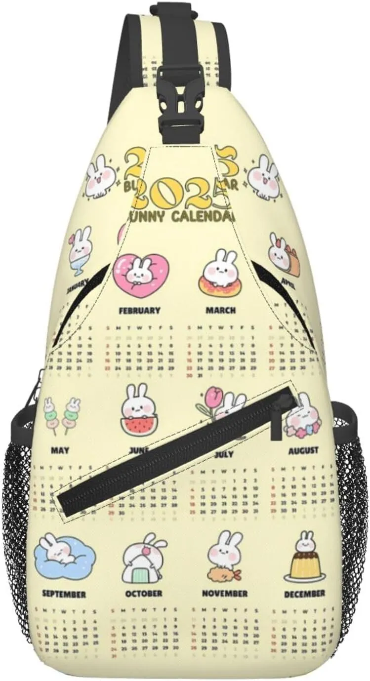 2025 Yearly Calendar Bunny Crossbody Bag Cross Chest Bag Adjustable Sling Backpack Sports Gym Shoulder Bags Travel Cycling Daypack Diagonally Casual Rucksack