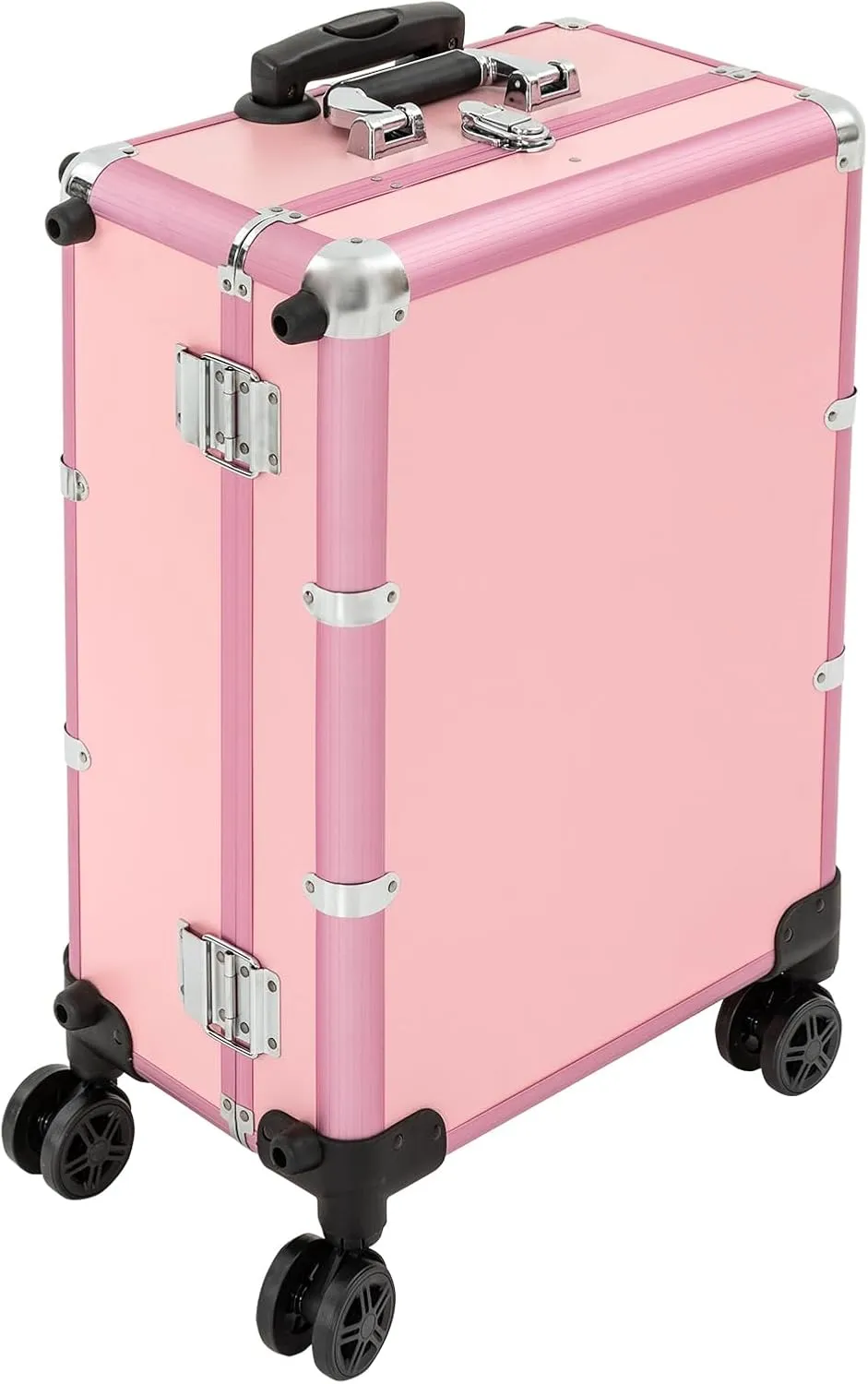 20" Aluminum Trolley Makeup Train Case with Mirror &LED Lights, Professional Cosmetic Organizer Makeup Suitcase with Wheels, Portable Makeup Vanity Rolling Vanity Makeup Station for Travel (Pink)