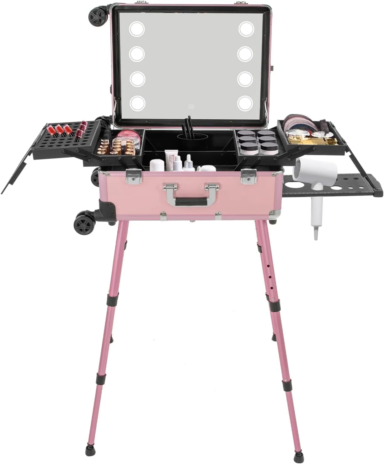 20" Aluminum Trolley Makeup Train Case with Mirror &LED Lights, Professional Cosmetic Organizer Makeup Suitcase with Wheels, Portable Makeup Vanity Rolling Vanity Makeup Station for Travel (Pink)