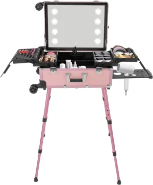 20" Aluminum Trolley Makeup Train Case with Mirror &LED Lights, Professional Cosmetic Organizer Makeup Suitcase with Wheels, Portable Makeup Vanity Rolling Vanity Makeup Station for Travel (Pink)