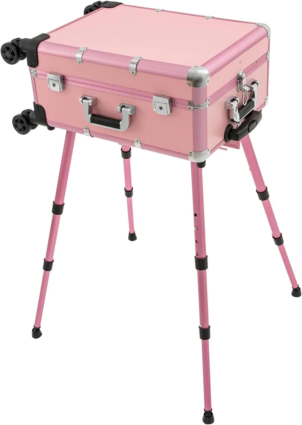 20" Aluminum Trolley Makeup Train Case with Mirror &LED Lights, Professional Cosmetic Organizer Makeup Suitcase with Wheels, Portable Makeup Vanity Rolling Vanity Makeup Station for Travel (Pink)