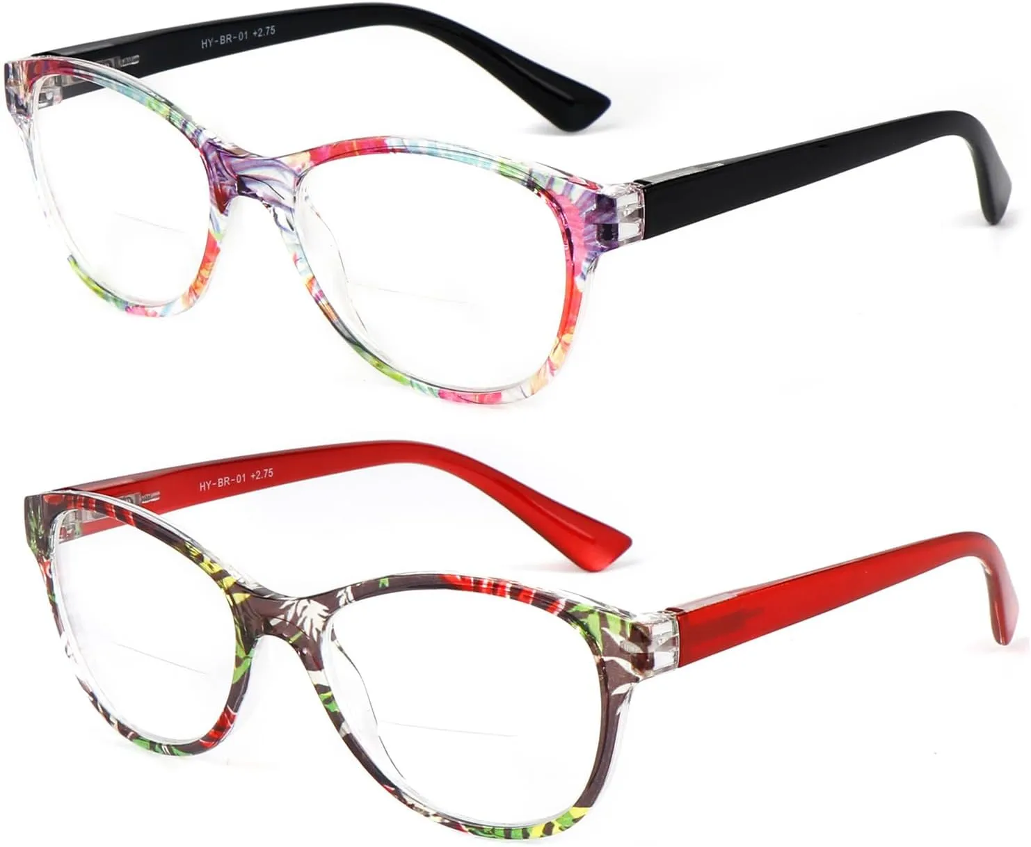 2Pairs Bifocal Reading Glasses Women Spring Hinge,Cateye Designer Color Clear Lenses Readers