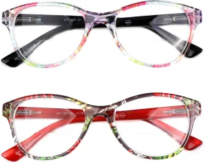 2Pairs Bifocal Reading Glasses Women Spring Hinge,Cateye Designer Color Clear Lenses Readers
