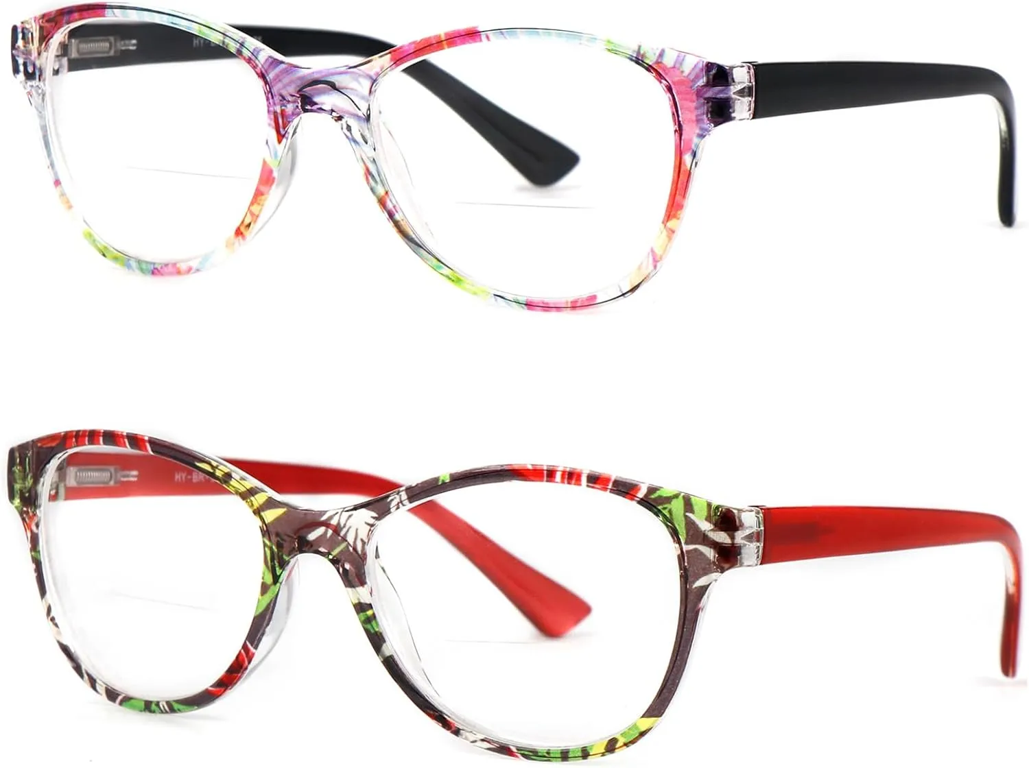 2Pairs Bifocal Reading Glasses Women Spring Hinge,Cateye Designer Color Clear Lenses Readers