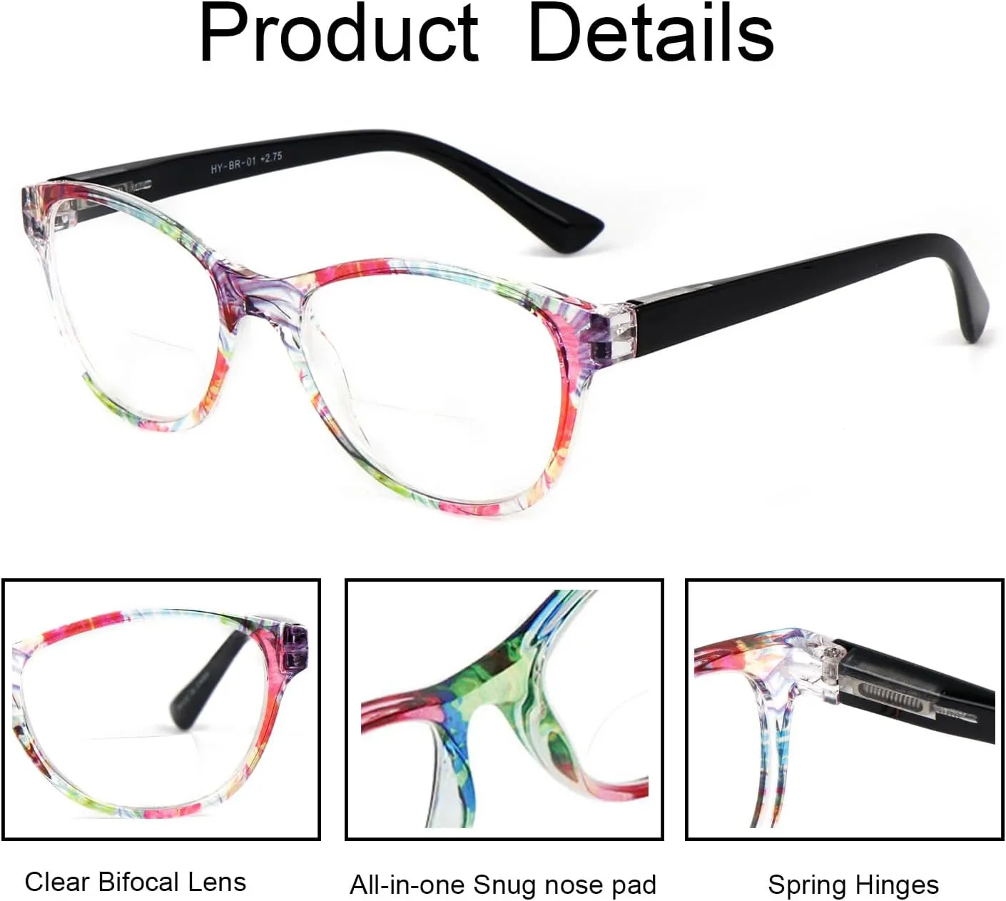 2Pairs Bifocal Reading Glasses Women Spring Hinge,Cateye Designer Color Clear Lenses Readers