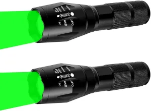 2pcs Green Hunting Flashlight - Zoomable, Water & Shock Resistant, Green LED Handheld Light for Night Hunting, Fishing, Hog, Pig, Coyote, Varmint, Predator, Rifle