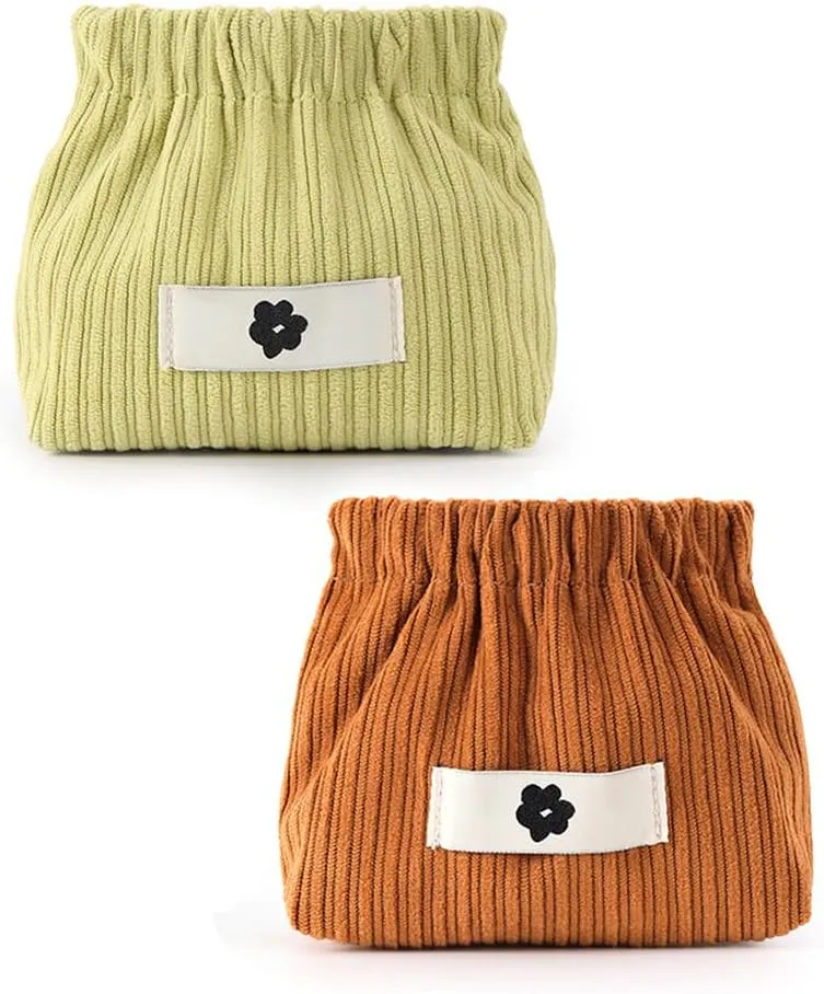 2Pcs Mini Corduroy Elastic Storage Bag Handbags For Women Mini Makeup Bag Corduroy Storage Bag Red Envelope Cosmetics Storage Small Bag (Brown Green)