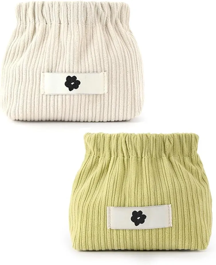 2Pcs Mini Corduroy Elastic Storage Bag Handbags For Women Mini Makeup Bag Corduroy Storage Bag Red Envelope Cosmetics Storage Small Bag (White  Green)