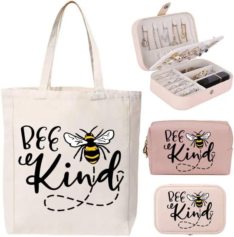 3-In-1 Bee Kind Canvas Tote Bag Grocery Reusable Handbags Jewelry Box and Makeup Bag Set For Teacher Gift