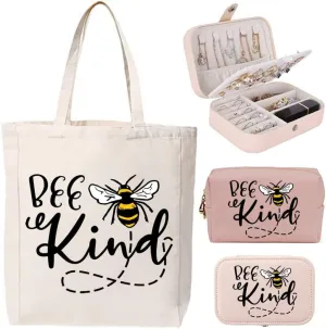 3-In-1 Bee Kind Canvas Tote Bag Grocery Reusable Handbags Jewelry Box and Makeup Bag Set For Teacher Gift