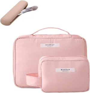 3 Pack Kawaii Cute Makeup Bag Aesthetic Travel Cosmetic Bag Organizer Toiletry Pouch Handbag Brush Holder for Women Teen Girls (Macaron Pink, 3 Pack)
