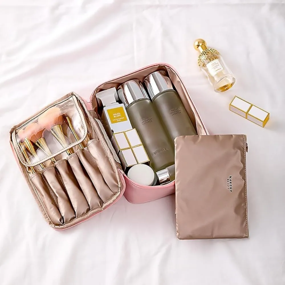 3 Pack Kawaii Cute Makeup Bag Aesthetic Travel Cosmetic Bag Organizer Toiletry Pouch Handbag Brush Holder for Women Teen Girls (Macaron Pink, 3 Pack)