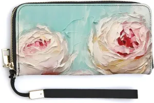 3 Pale Pink Cabbage Roses PU Leather Clutch Long Bifold Wallet, Coin Purse Credit Pass Case, Durable Card-Holder Money Storage for Women Men