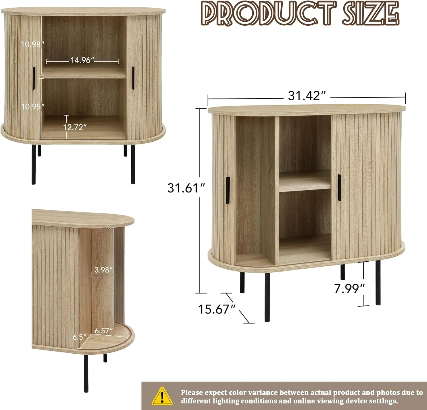 31.5" Fluted Storage Cabinet with Sliding Tambour Doors, Mid Century Modern Oval Buffet Sideboard Cabinet with Storage, Curved Accent Cabinet for Living Dining Room Kitchen (Walnut)