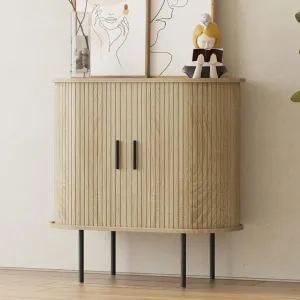 31.5" Fluted Storage Cabinet with Sliding Tambour Doors, Mid Century Modern Oval Buffet Sideboard Cabinet with Storage, Curved Accent Cabinet for Living Dining Room Kitchen (Walnut)