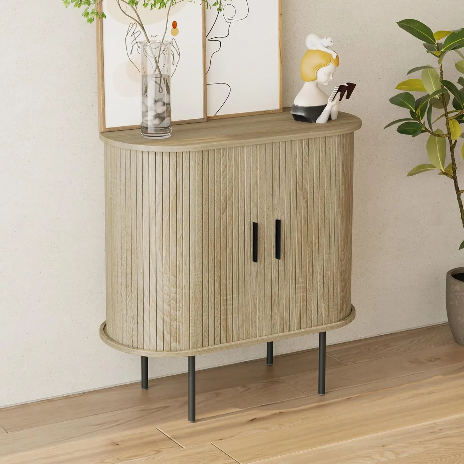 31.5" Fluted Storage Cabinet with Sliding Tambour Doors, Mid Century Modern Oval Buffet Sideboard Cabinet with Storage, Curved Accent Cabinet for Living Dining Room Kitchen (Walnut)