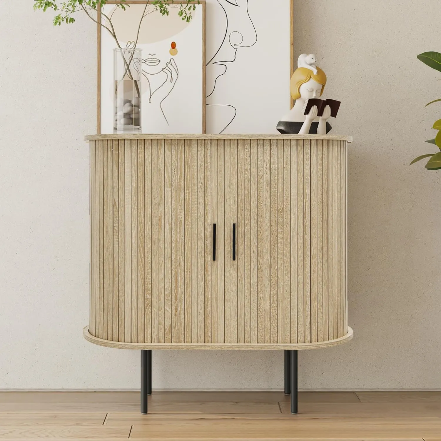 31.5" Fluted Storage Cabinet with Sliding Tambour Doors, Mid Century Modern Oval Buffet Sideboard Cabinet with Storage, Curved Accent Cabinet for Living Dining Room Kitchen (Walnut)