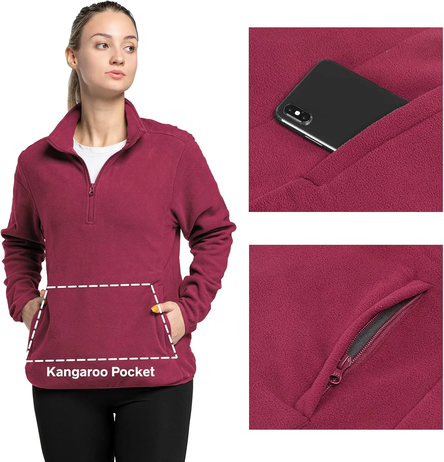33,000ft Women's Lightweight Long Sleeve Fleece Pullover Jacket, Quarter Zip Top Warm Polar Sweatshirt with Zipper Pockets