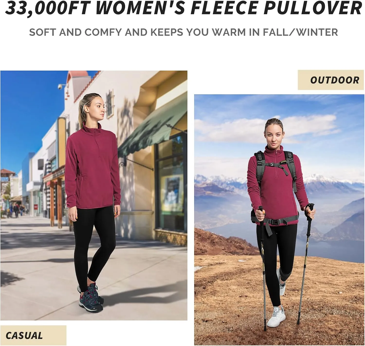 33,000ft Women's Lightweight Long Sleeve Fleece Pullover Jacket, Quarter Zip Top Warm Polar Sweatshirt with Zipper Pockets