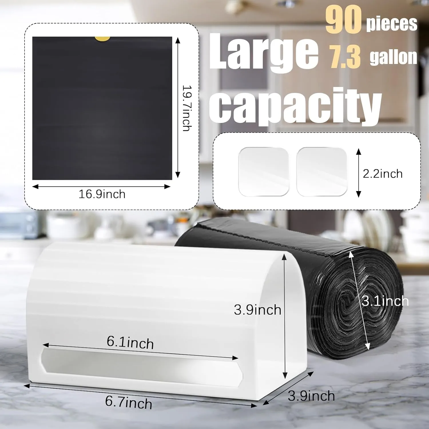3D Printed Trash Bag Dispenser - Wall Mount Garbage Bag Holder with 90PCS 7.3 Gallon No Tear Drawstring Trash Bags, Non-Trace Hanging Trash Bag Roll Organizer for Bathroom Kitchen Office Trash Bags