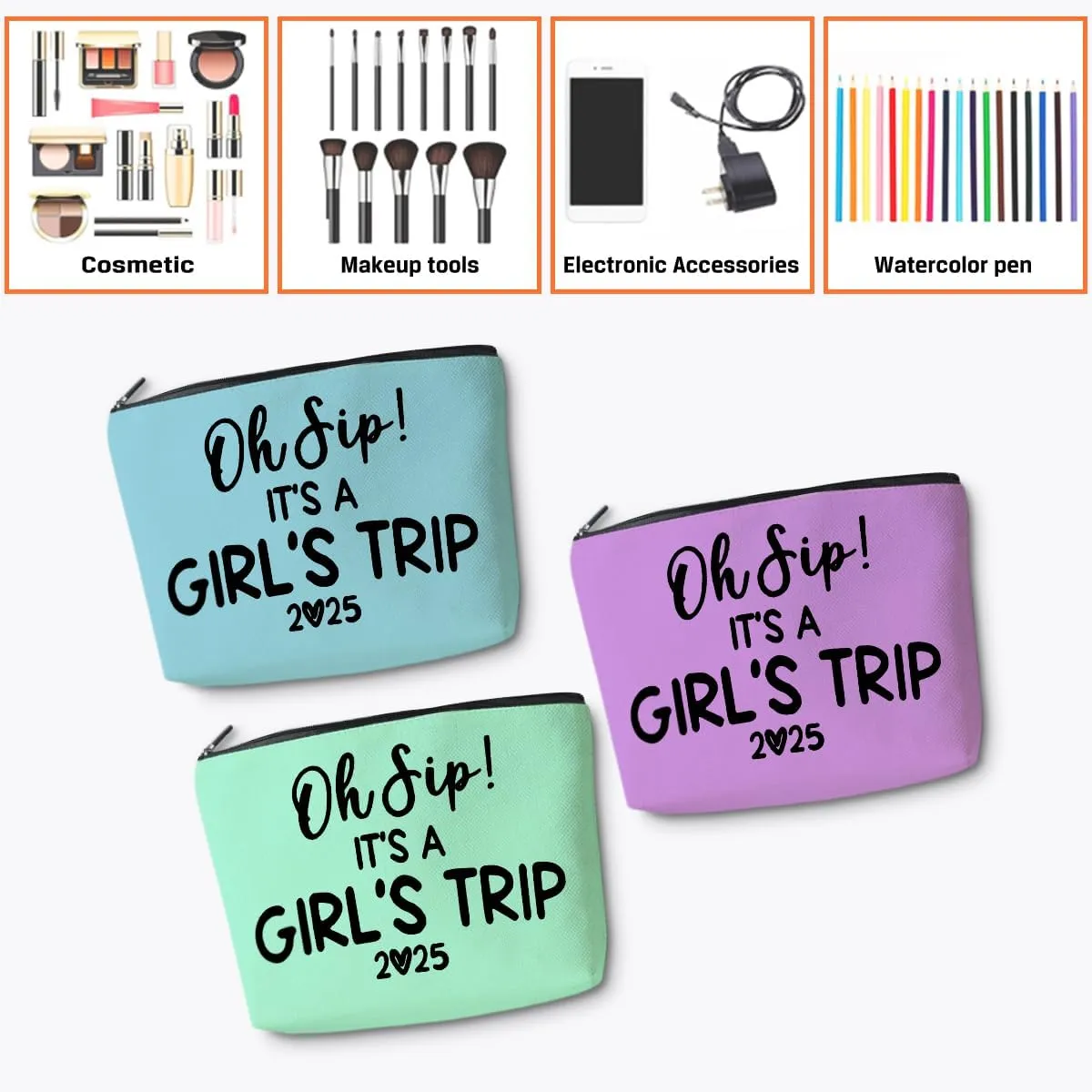 3Pcs Girl Trip 2025 Makeup Bag Funny Girls Trip Gifts Favors Girls Weekend Gifts Weekender Bag Summer Vacation Birthday Graduation Cosmetic Bag Travel Toiletry Bags Friendship Gifts for Women Sister